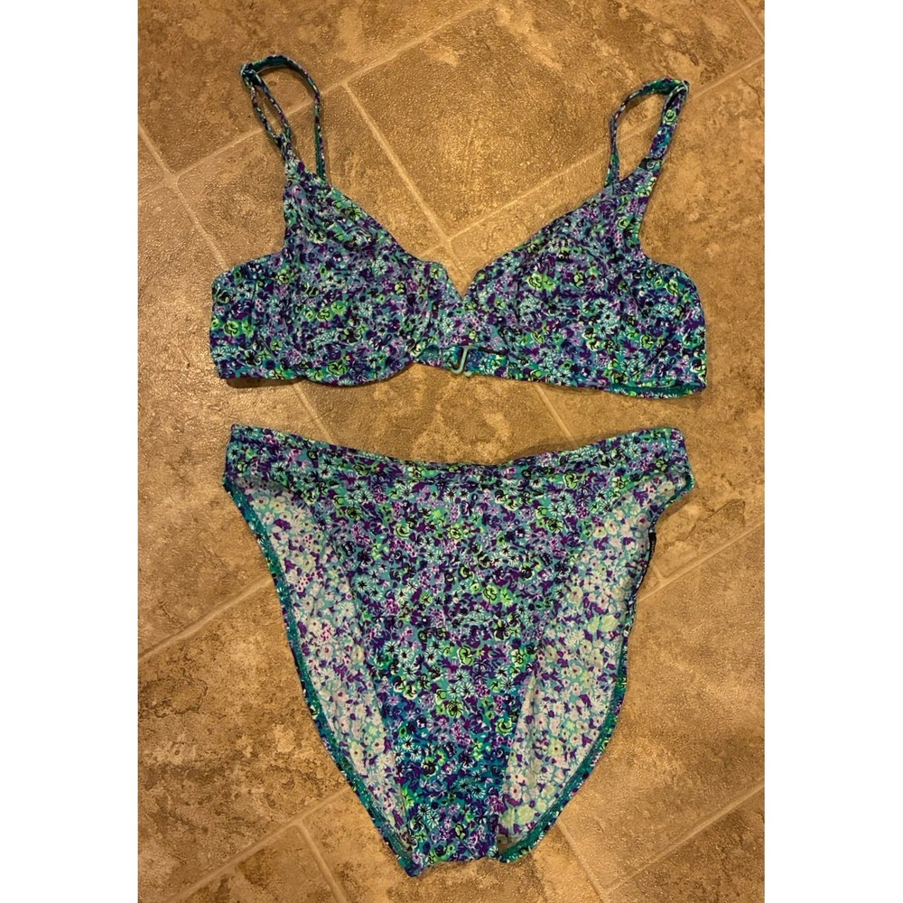 Vintage‎ 80s 90s Tropical Floral Bikini Set High Cut USA Underwire Retro S